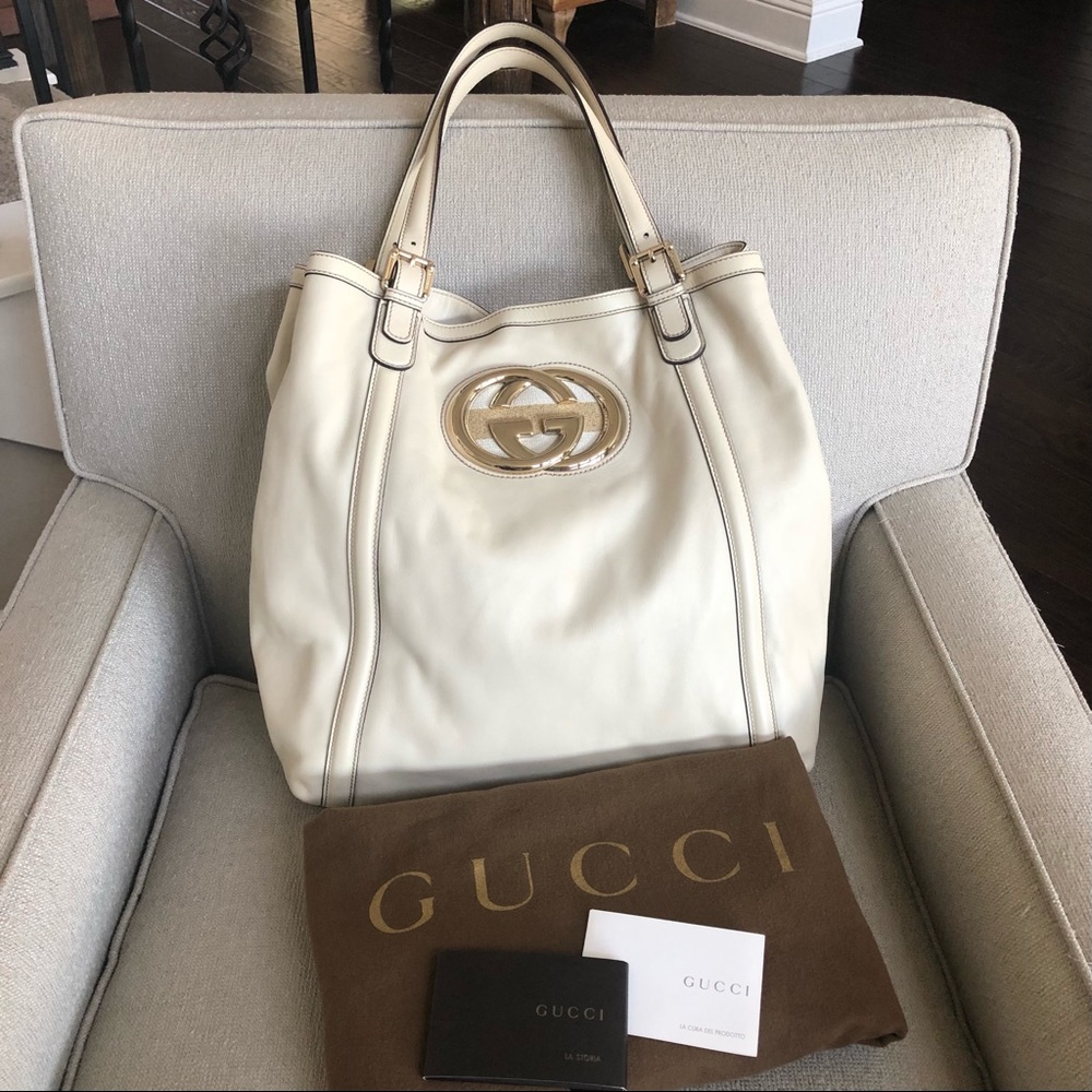 GUCCI Large Britt Tote in Ivory Calf Leather